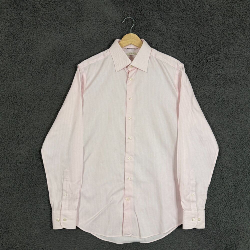 Suitsupply Dress Shirt Mens 16 Pink Striped Slim Fit Traveller Spread Collar